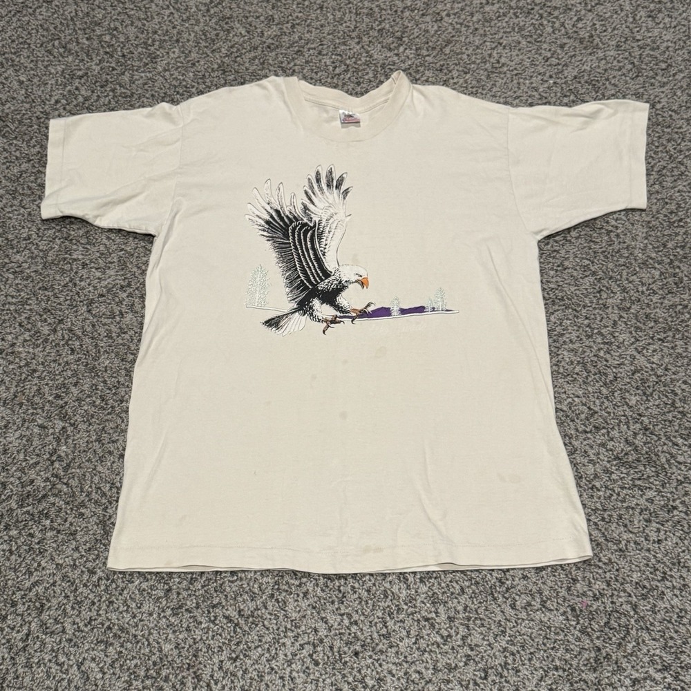Vintage Fruit Of The Loom T-shirt Mens Eagle USA Mountains Trees XLarge Beige